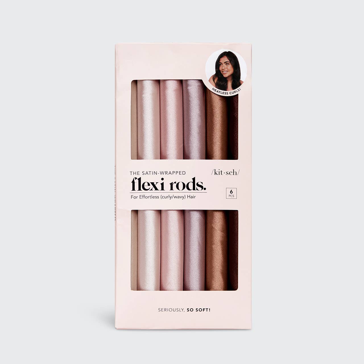 Six satin flexi rods in pink, beige, brown for heatless waves. Available in 7"/17.8cm and 10"/25.4cm lengths.