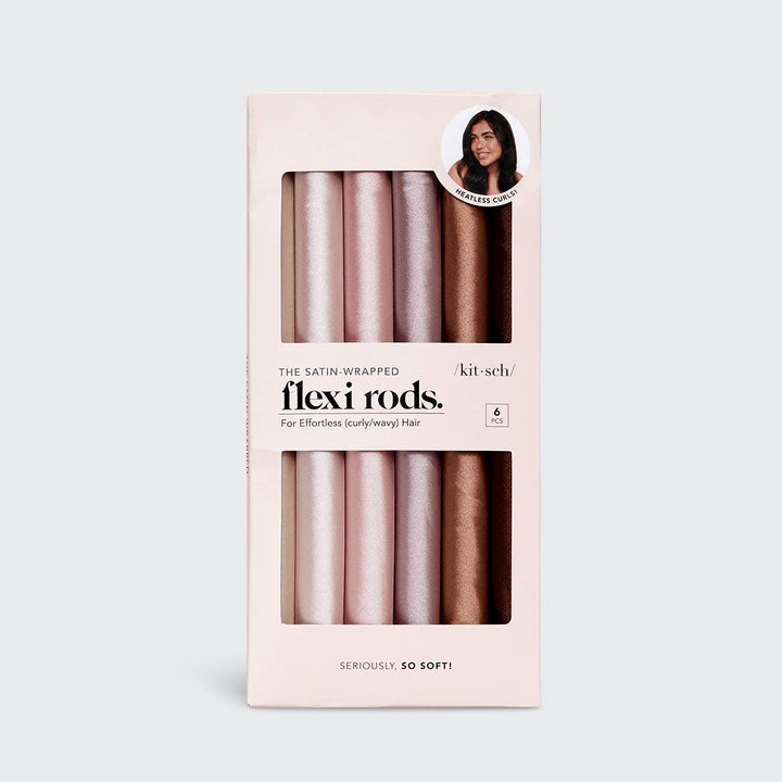 Six satin flexi rods in pink, beige, brown for heatless waves. Available in 7"/17.8cm and 10"/25.4cm lengths.