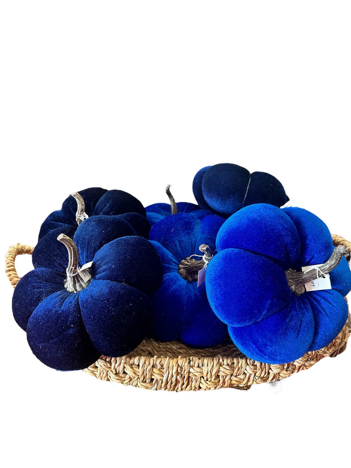 Six deep blue velvet pumpkins with stems in a woven basket.