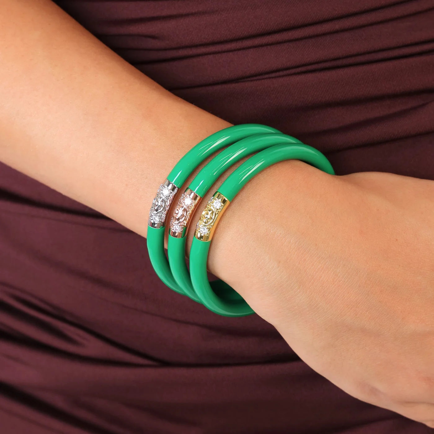 Kelly Green Three Kings All Weather Bangles with metallic accents in silver, rose gold, and yellow gold; available in sizes S, M, and L.