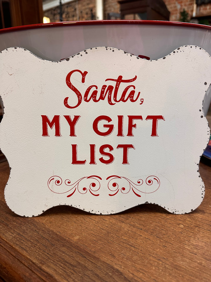 10x8 scalloped-edge metal sign in a distressed white finish with red “Santa, MY GIFT LIST” text and a decorative scroll.