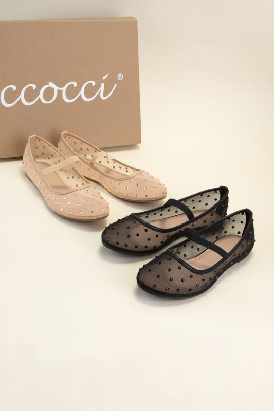 Rhinestone Embellished Mesh Mary Jane Flats in beige and black. Features a single strap with rhinestone embellishments. Sizes available: 5-10.