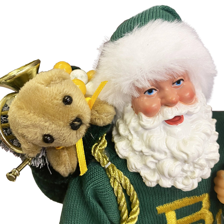 12″ Baylor Proud Santa handcrafted decoration in a green team logo sweater.