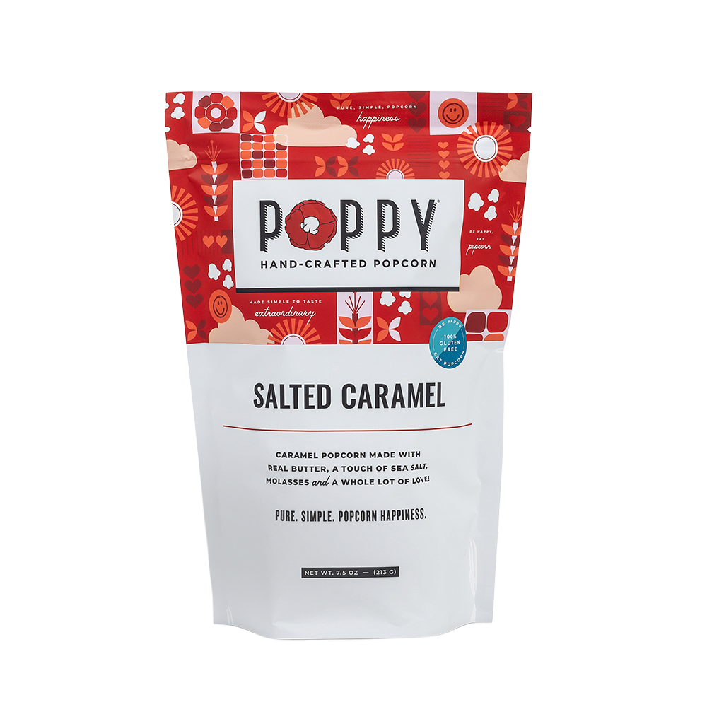 Red and white bag of Salted Caramel Popcorn with floral designs; "Salted Caramel" on front. Sizes: 85g, 150g.
