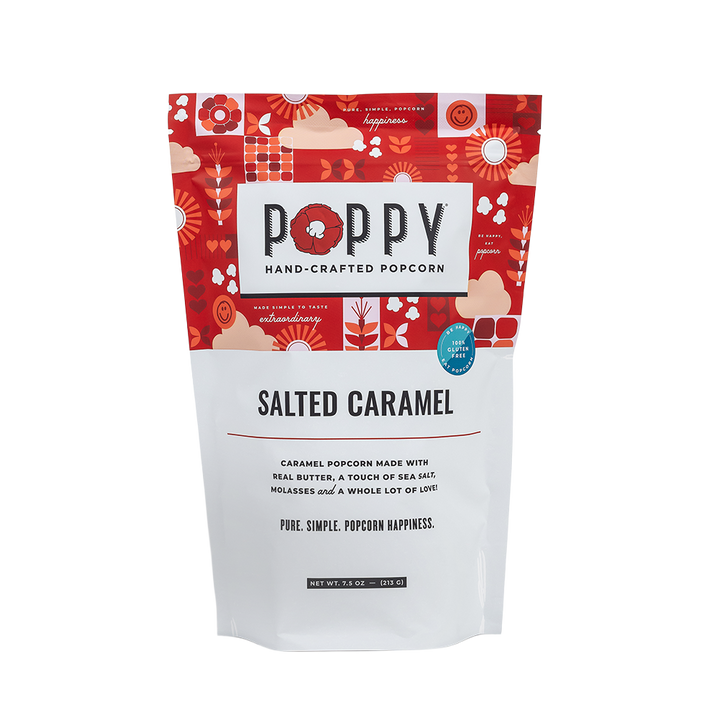 Red and white bag of Salted Caramel Popcorn with floral designs; "Salted Caramel" on front. Sizes: 85g, 150g.