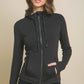 The Solid Knit Performance Activewear Jacket in black features a hood and buttery soft fabric with a relaxed fit. Available sizes: S, M, L, XL.
