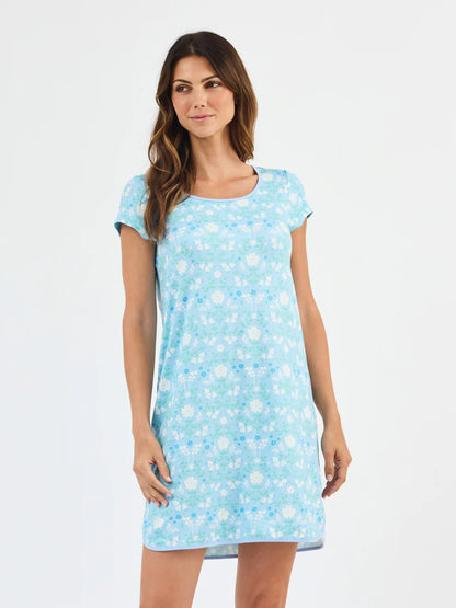 Melody Quiet Blossom Blue Nightshirt in ButterSoft fabric with white and blue floral pattern. Available in sizes S-XL.