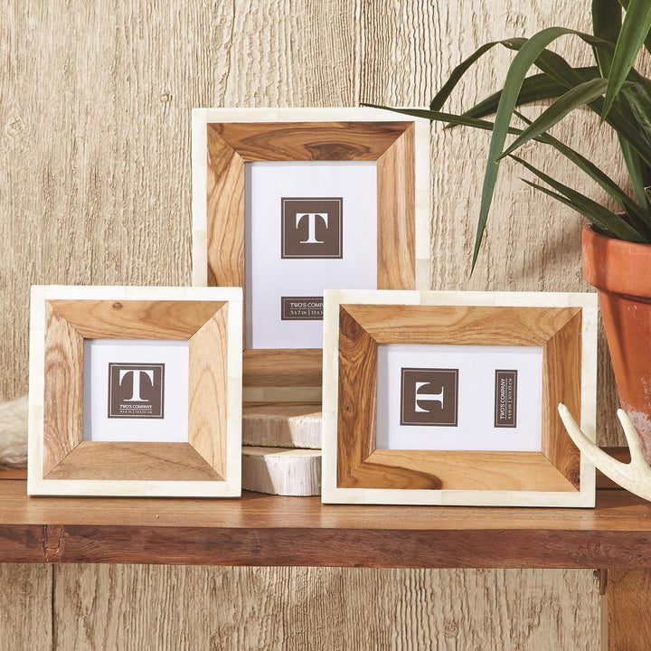 Wood &amp; Bone Photo Frame, available in 4x6, 5x7, and 8x10 sizes. Set of three wooden frames displayed together.