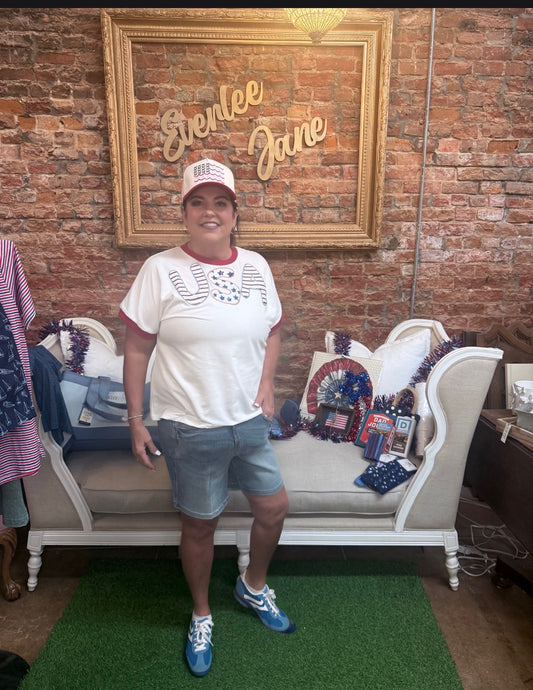 Sequin "USA" White Top with red and blue accents; available in sizes S-XL.