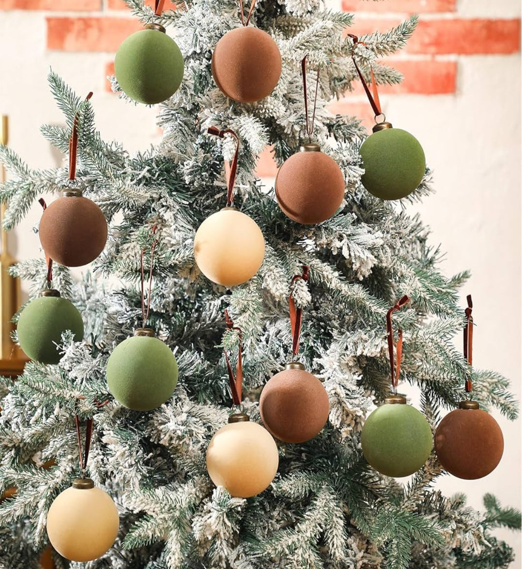 Velvet Christmas balls in green, brown, and cream.