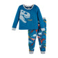Blue bamboo kids’ pajamas with gray trim, dinosaur skull and “RAWR” on top, dino print pants. Sizes: 2T-7.