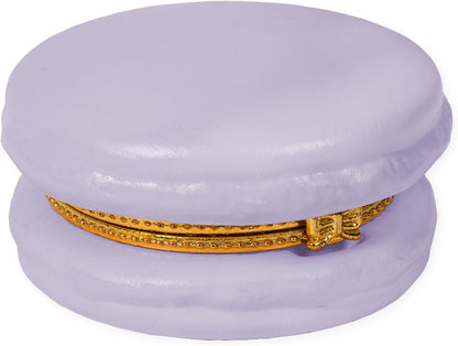 A lilac-colored ceramic Macaron Limoge trinket box featuring a golden clasp shaped like a sparkling belt. Available in one size.