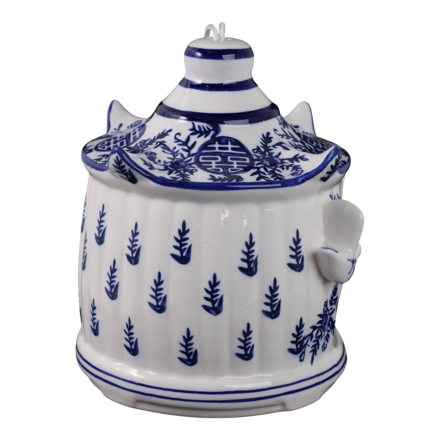 White/Blue Chinoiserie Pagoda Birdhouse, ceramic, 8 in., blue floral/geometric pattern, side handles, finial lid.