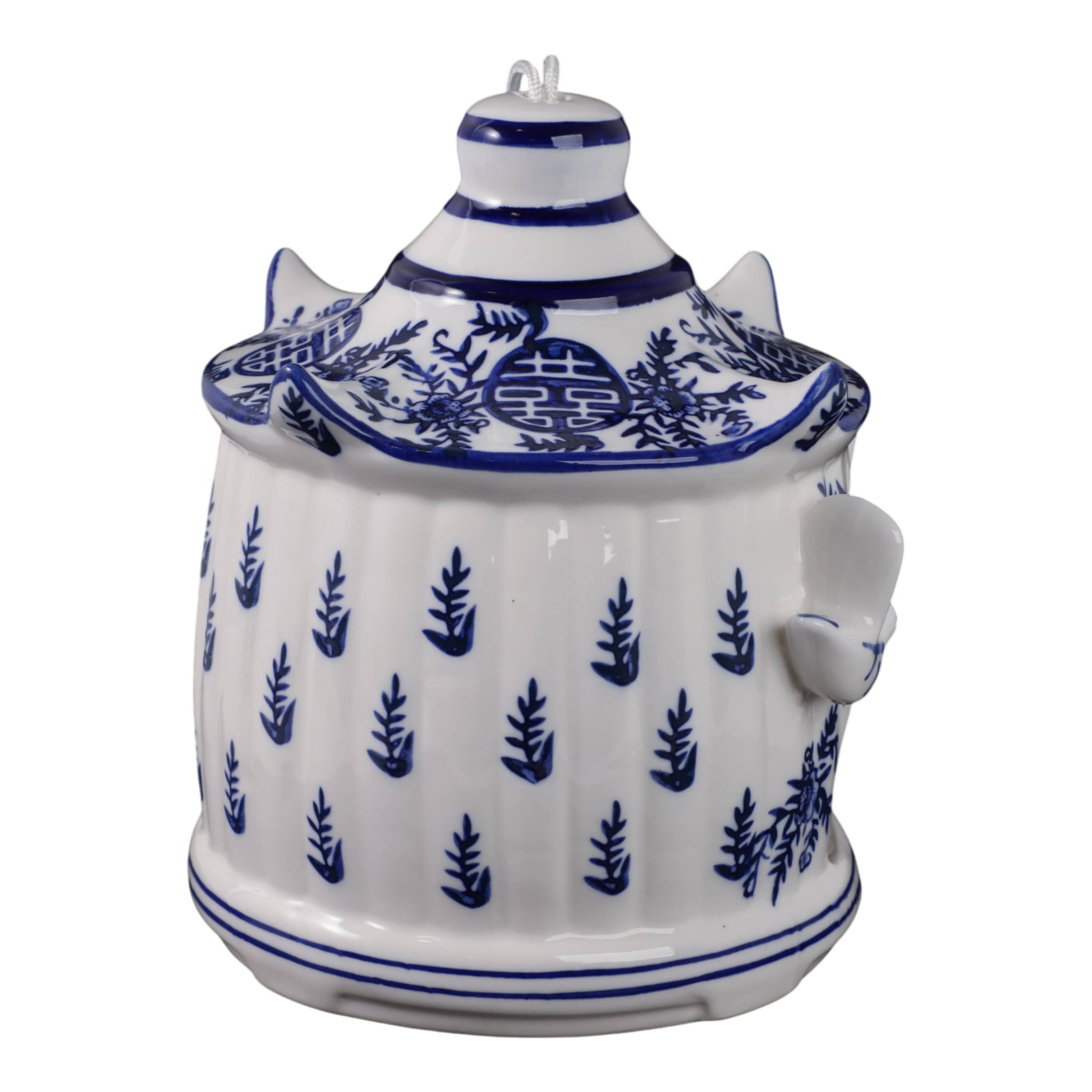 White/Blue Chinoiserie Pagoda Birdhouse, ceramic, 8 in., blue floral/geometric pattern, side handles, finial lid.