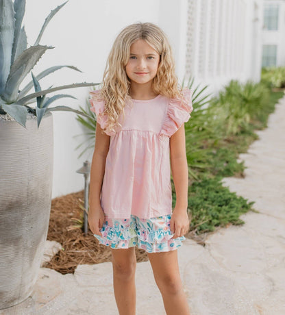 Pastel Floral Ruffle Short Set: pink ruffled top and matching shorts. Available in girls’ sizes 2T–10.