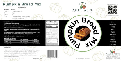 Pumpkin Bread Mix package label with clear instructions, nutrition facts, and an image of sliced pumpkin bread with the product name. Available in multiple sizes.