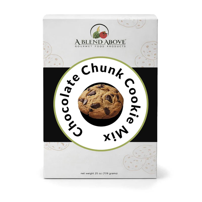 A Blend Above Chocolate Chunk Cookie Mix in a white box with a large cookie image on the front; available sizes not specified.