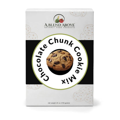 A Blend Above Chocolate Chunk Cookie Mix in a white box with a large cookie image on the front; available sizes not specified.