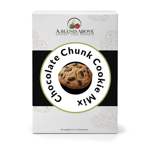 A Blend Above Chocolate Chunk Cookie Mix in a white box with a large cookie image on the front; available sizes not specified.