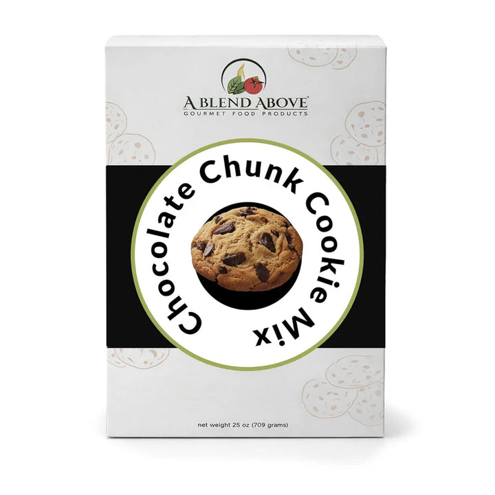 A Blend Above Chocolate Chunk Cookie Mix in a white box with a large cookie image on the front; available sizes not specified.