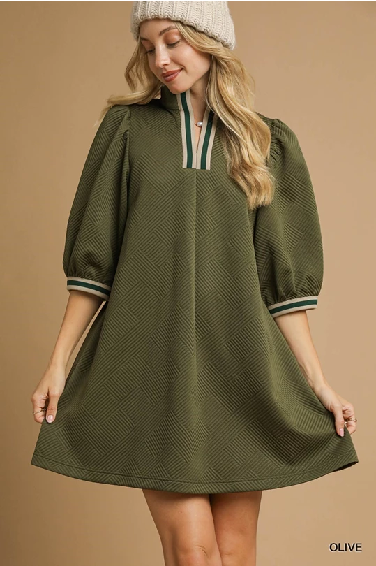 Olive Jacquard High Neck Dress with puffed sleeves, striped collar and cuffs. Available in sizes XS-XL.