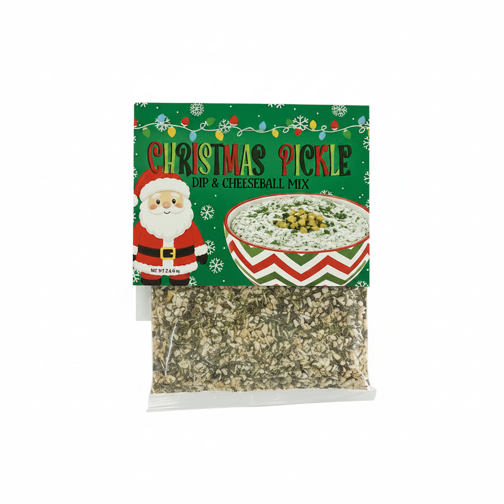 Carmies Holiday Collection Christmas pickle dip and cheeseball mix packet with Santa topper and prepared dip illustration.