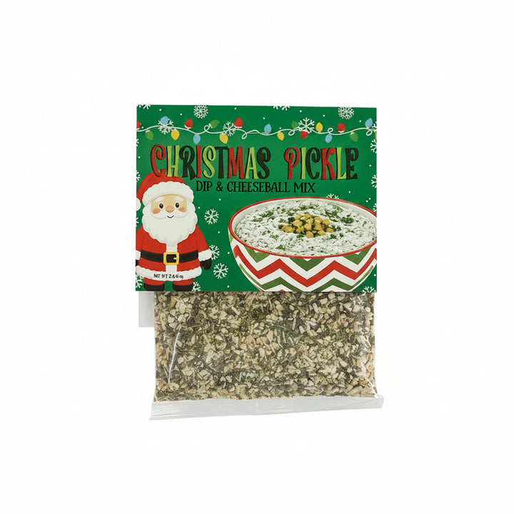 Carmies Holiday Collection Christmas pickle dip and cheeseball mix packet with Santa topper and prepared dip illustration.
