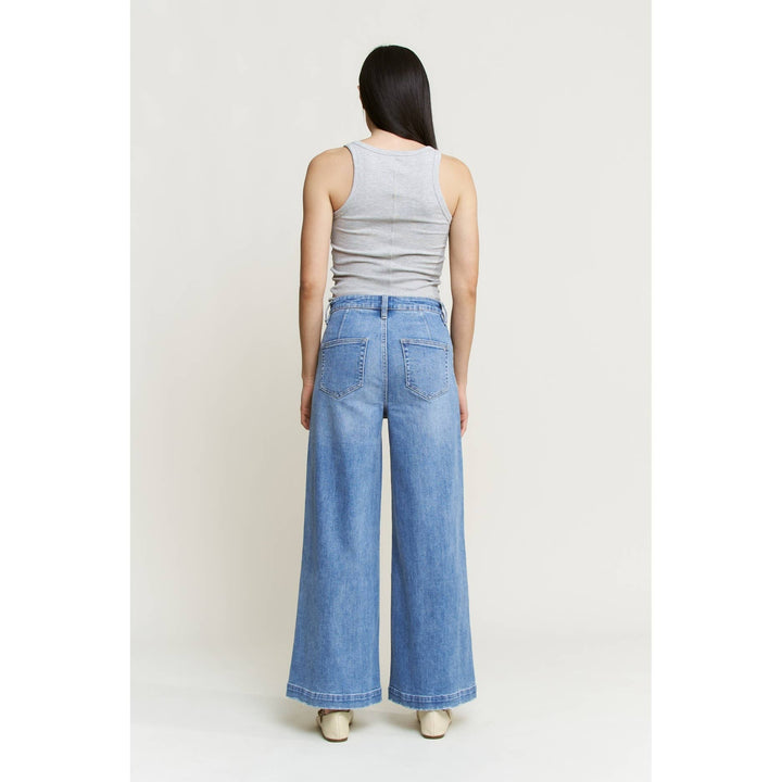 Back view of SUPER HIGH ANKLE WIDE LEG: BLUE ROCK / 30, high-waisted, wide-leg blue cotton jeans.