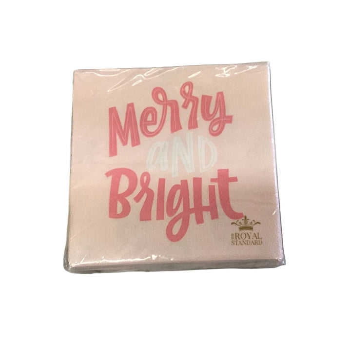 Pink Merry &amp; Bright cocktail napkins with Santa theme and “Merry and Bright” script text.