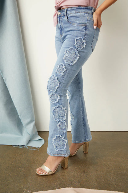 Everstretch Baby Bootcut Ankle Flower Jeans, light blue distressed denim with patchwork, 4-way stretch. Sizes: 24–32.