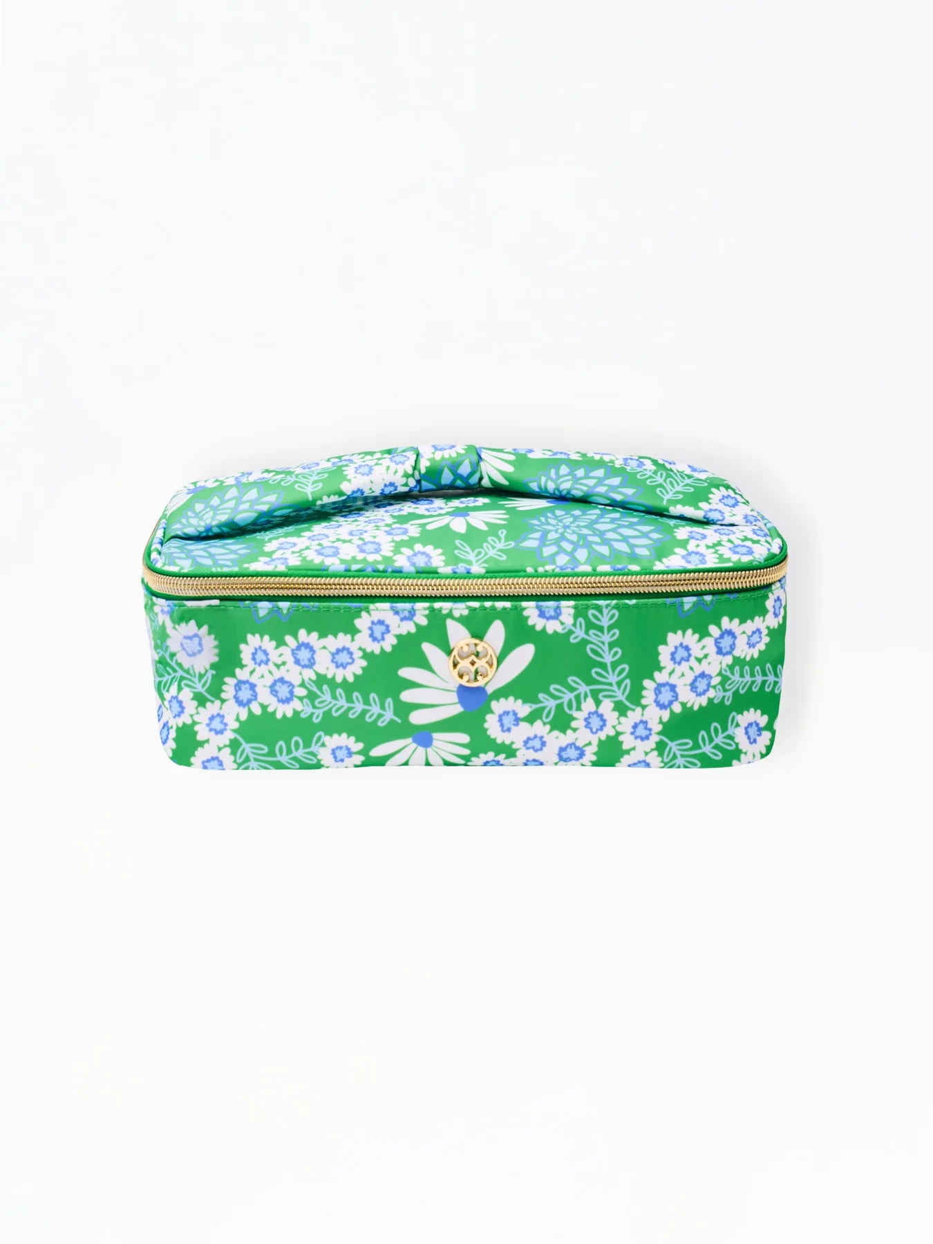 Rectangular green pouch with zipper, handle, white and blue daisy print, green leaves. Available in one size.