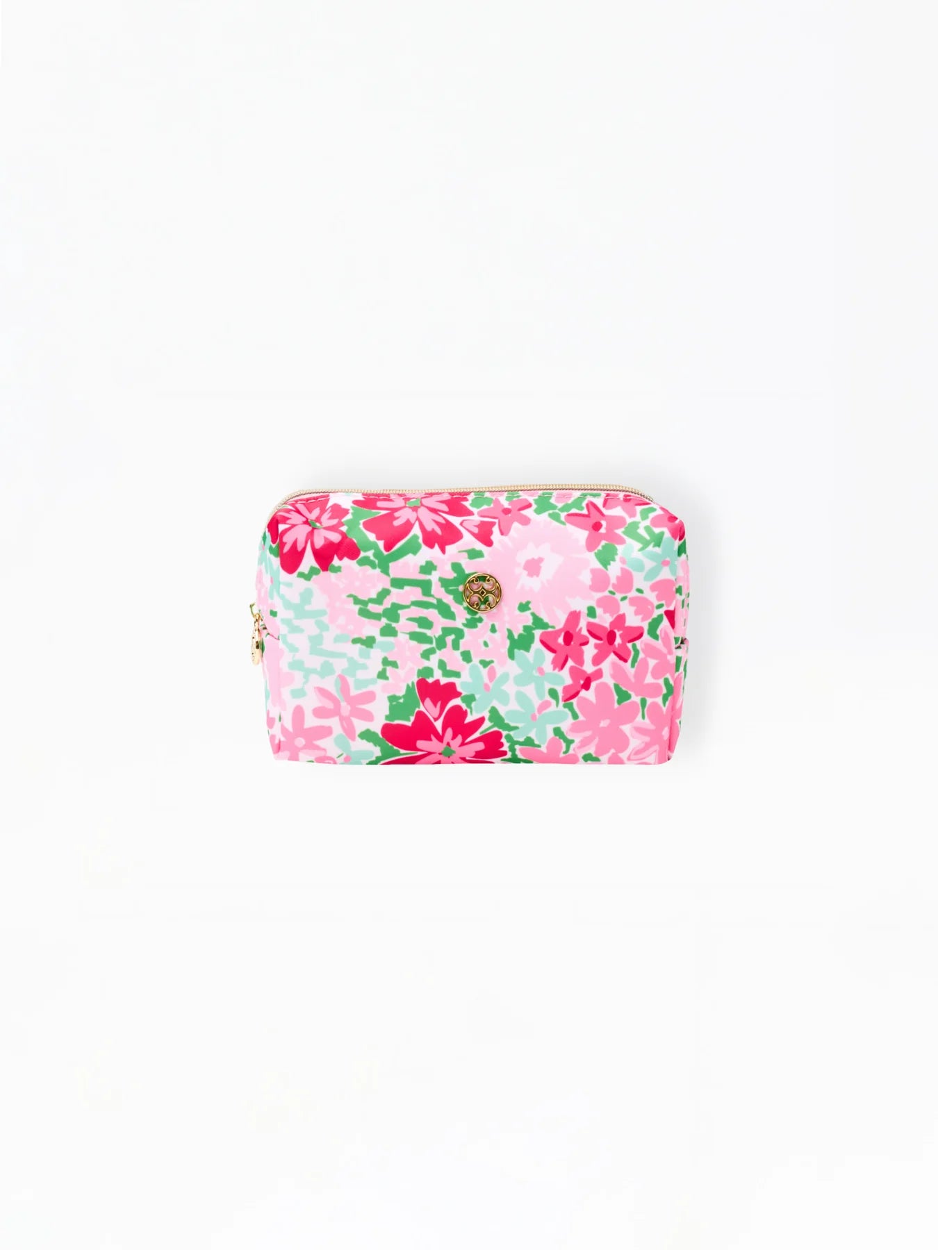 Compact white zippered pouch with pink, red, and green floral design and small gold emblem. Available in mini size.