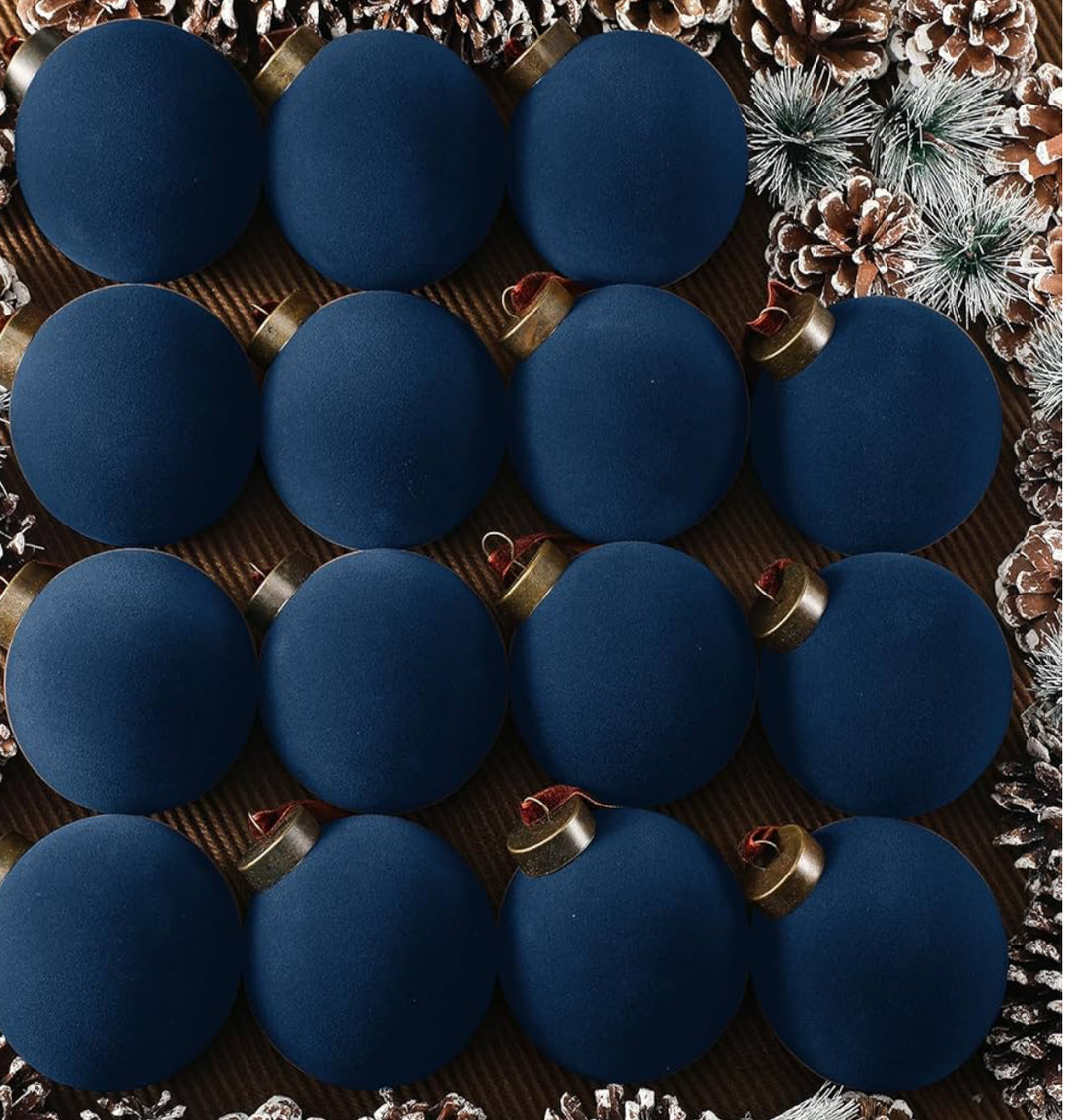 Navy Velvet Christmas Ball Ornaments in navy blue with metallic caps.