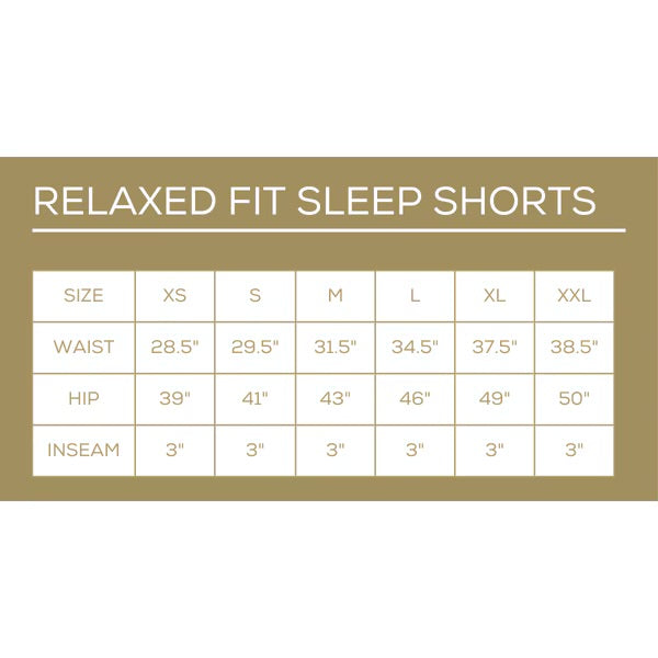 Size chart for Pinstripe Sleep Shorts, sizes XS to XXL.