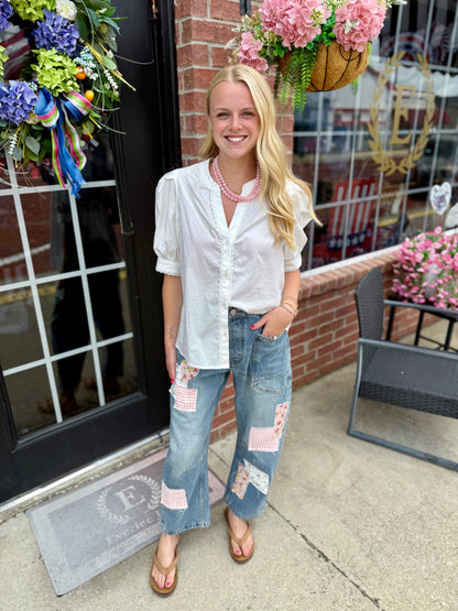 MINERAL WASHED PATCHWORK JEANS: VINTAGE WASH with pink accents. Available in sizes XS–XL.