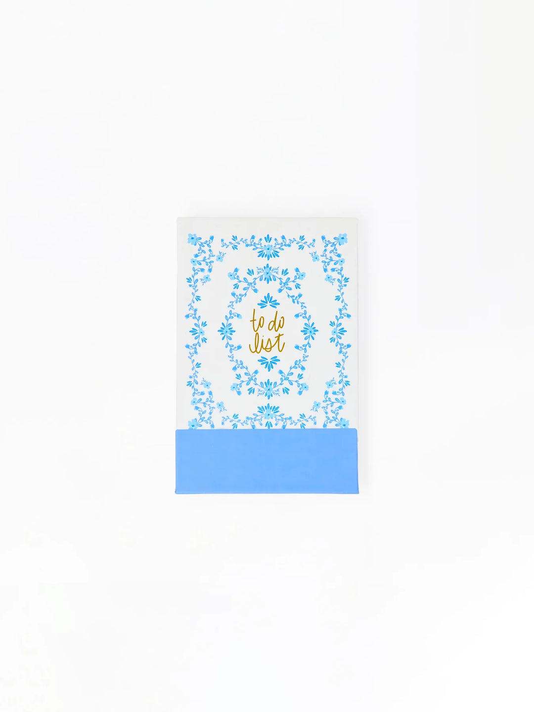 Flip Notepad with "to do list" in gold, blue floral border, solid blue bottom. Available sizes: Small, Medium.