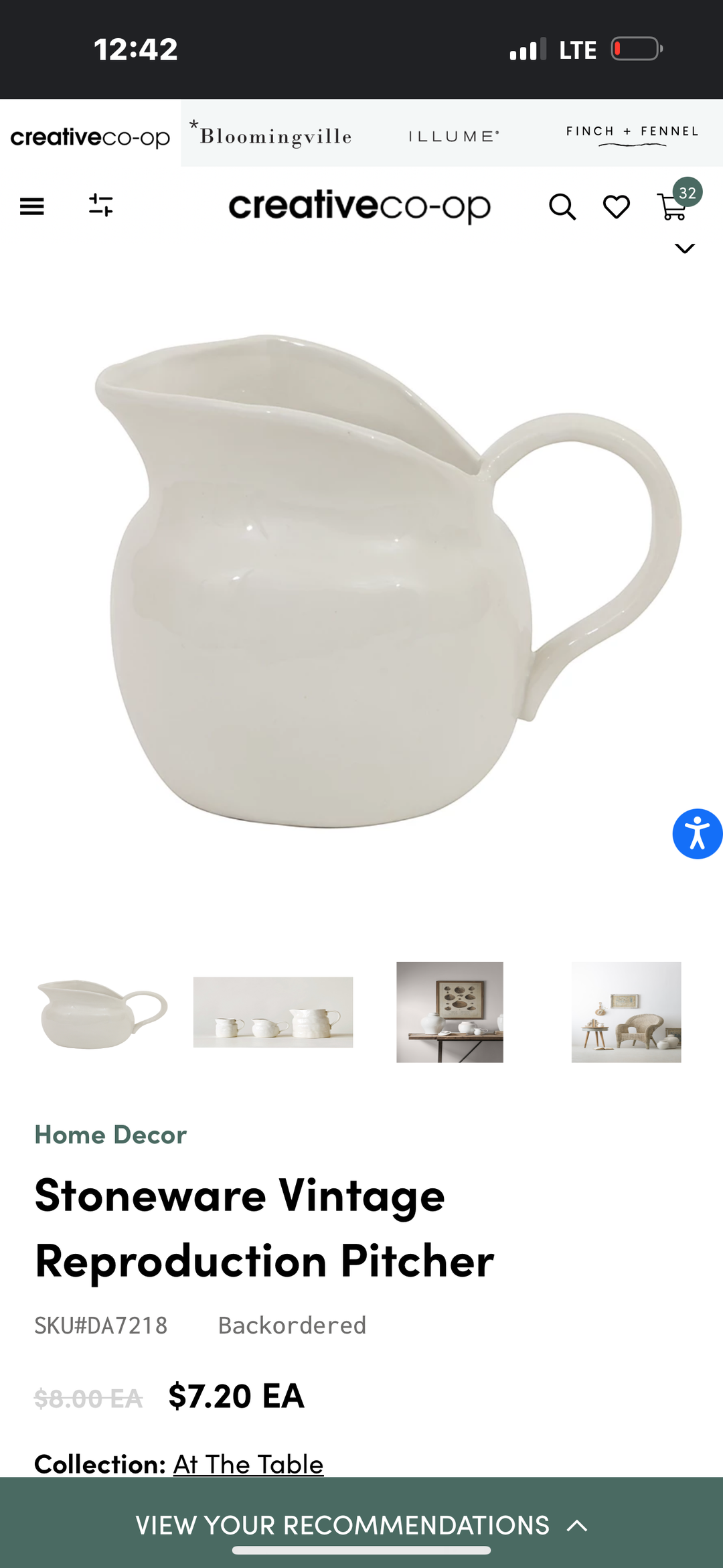 Stoneware Vintage Reproduction Pitcher with rounded body, large handle. Available in 16oz and 32oz sizes.