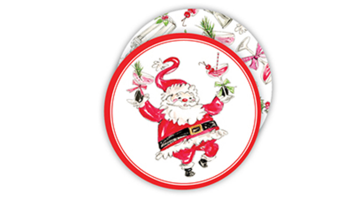 The Round Coaster Handpainted features Santa Claus with gifts, a red border, and holiday illustrations of birds, bells, and holly. Available sizes: 3-inch diameter.