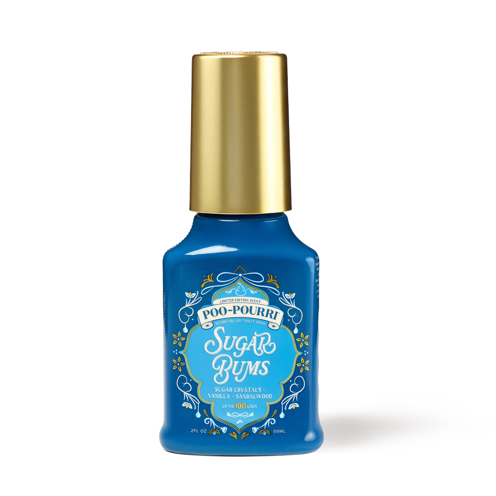 Blue 2oz Holiday Poo~Pourri Sugar Bums bottle with gold accents and cap; sweet vanilla sandalwood scent.