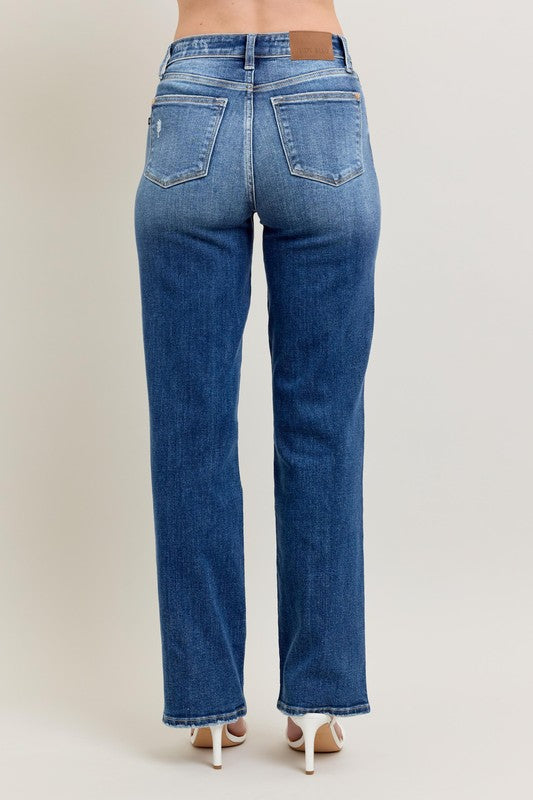 Judy Blue 90’s HW Straight Leg Jeans: high-waisted, roomy blue denim, straight leg, two back pockets, S-XL available.