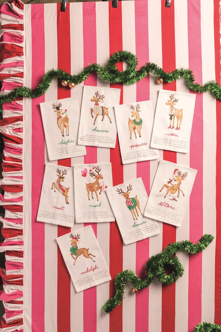 Eight Santa’s Reindeer Poem Hand Towels, each featuring a reindeer illustration and poem.