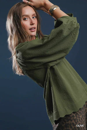 Scallop Hem Balloon Sleeve Top in olive green, available in sizes XS–XL.