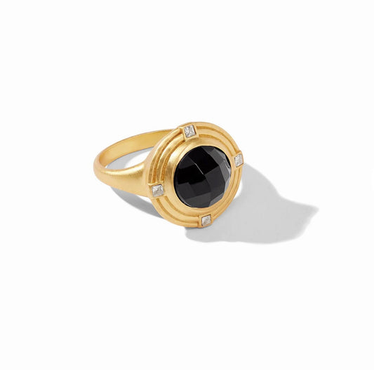 The Astor Ring features a striking black rose cut gemstone at its center, encompassed by a stunning 24K gold plate bezel setting. It's further embellished with petite diamonds for added sparkle. Available sizes range from 5 to 10.