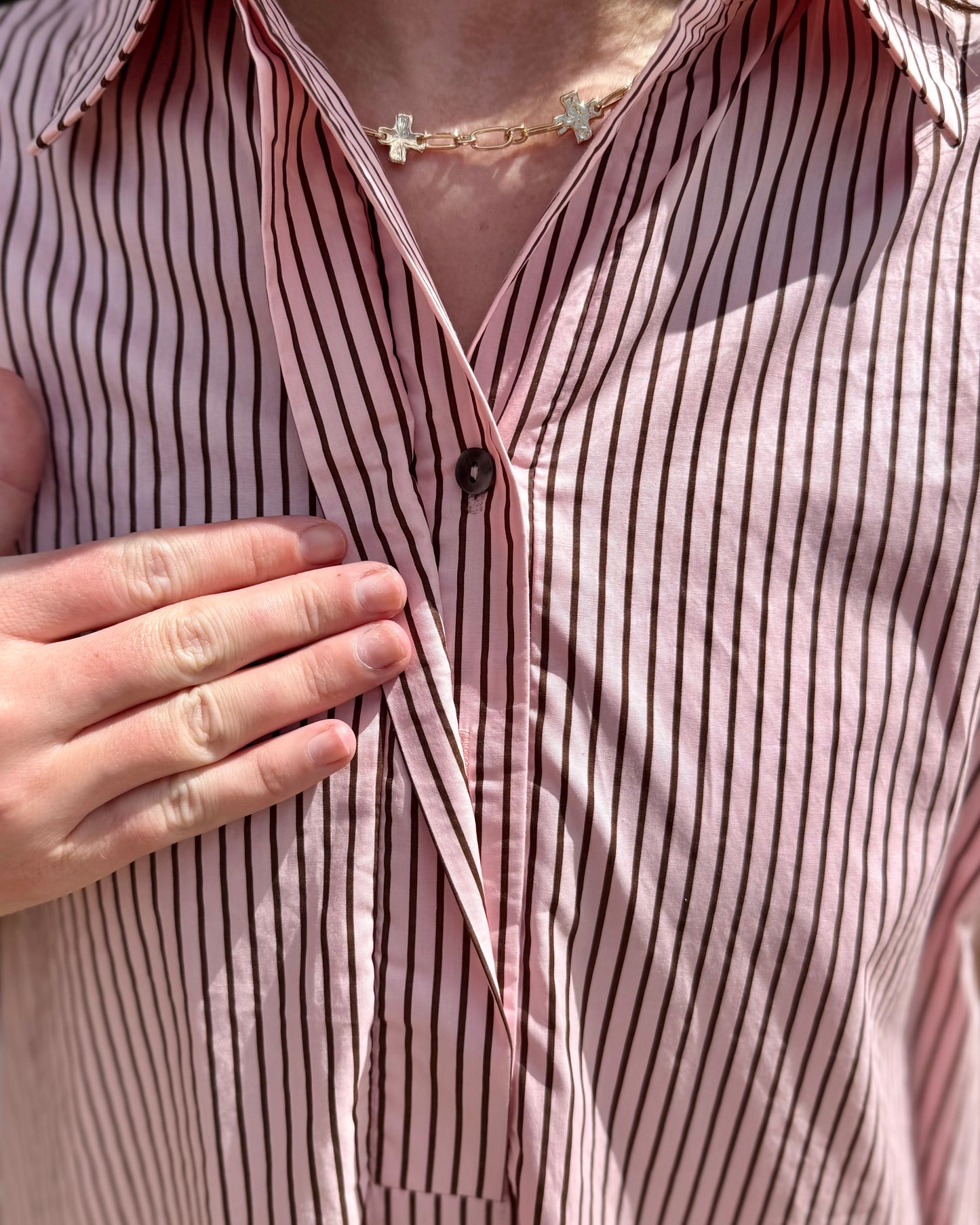 Pink & Brown Striped Polo Midi Dress with partial button collar, sporty-inspired style. Available in sizes XS-XL.