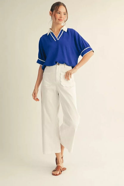 Scalloped Pocket Off White Pants, available in sizes XS-XL.