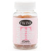 Clear plastic bottle with white cap, pink/white "TWIN" label. Beauty Gummies, vegan CBD. Sizes: 60ct, 120ct.