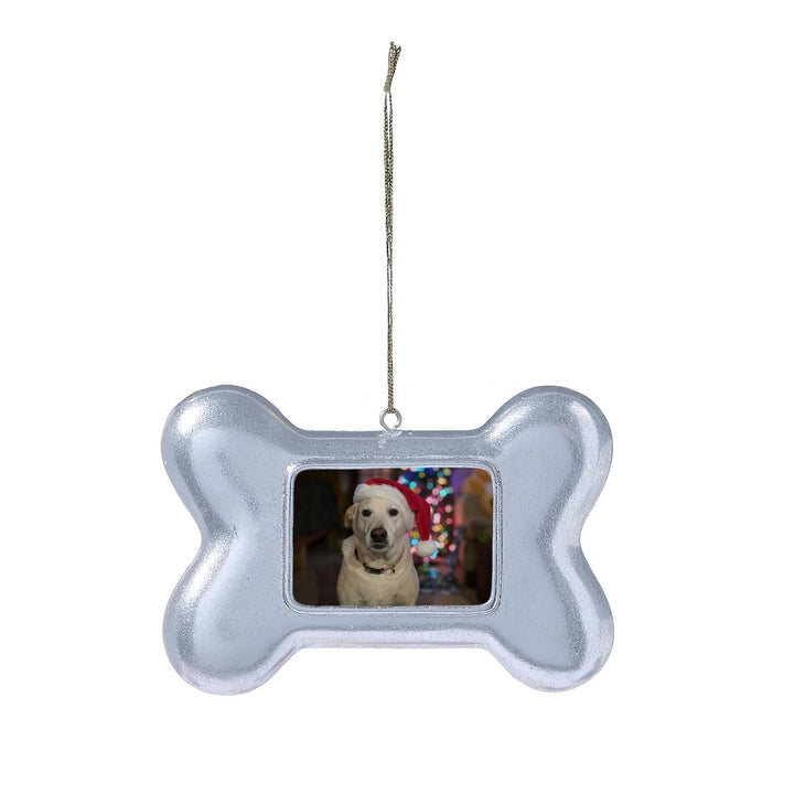 Silver, bone-shaped Dog Bone Photo Ornament with a rectangular frame.