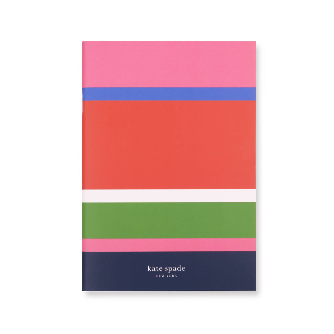 Triple Notebook Set with pink, red, blue, white, and green stripes, "kate spade new york" on dark blue. Sizes: 6.25" x 8.25".