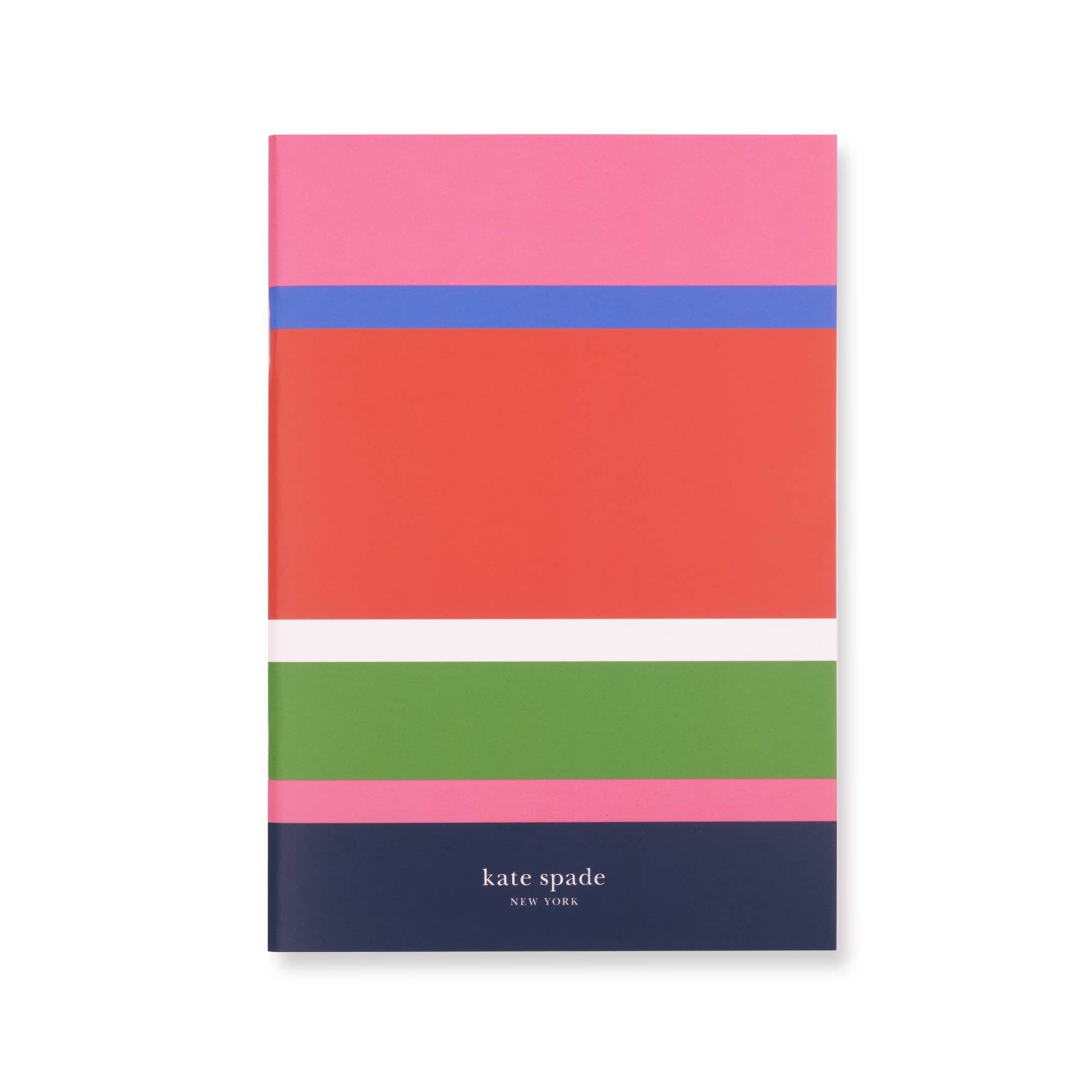 Triple Notebook Set with pink, red, blue, white, and green stripes, "kate spade new york" on dark blue. Sizes: 6.25" x 8.25".