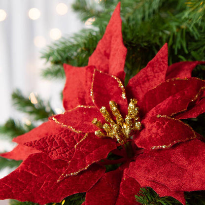 Burgundy artificial velveteen poinsettia with gold glitter accents; available in multiple sizes.